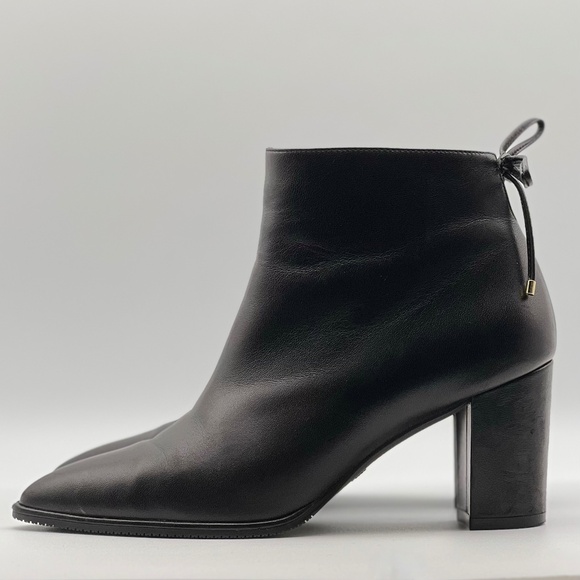 Stuart Weitzman Gardiner Bow Accent Block Heel Bootie Black Leather Women's 6 - Picture 3 of 13